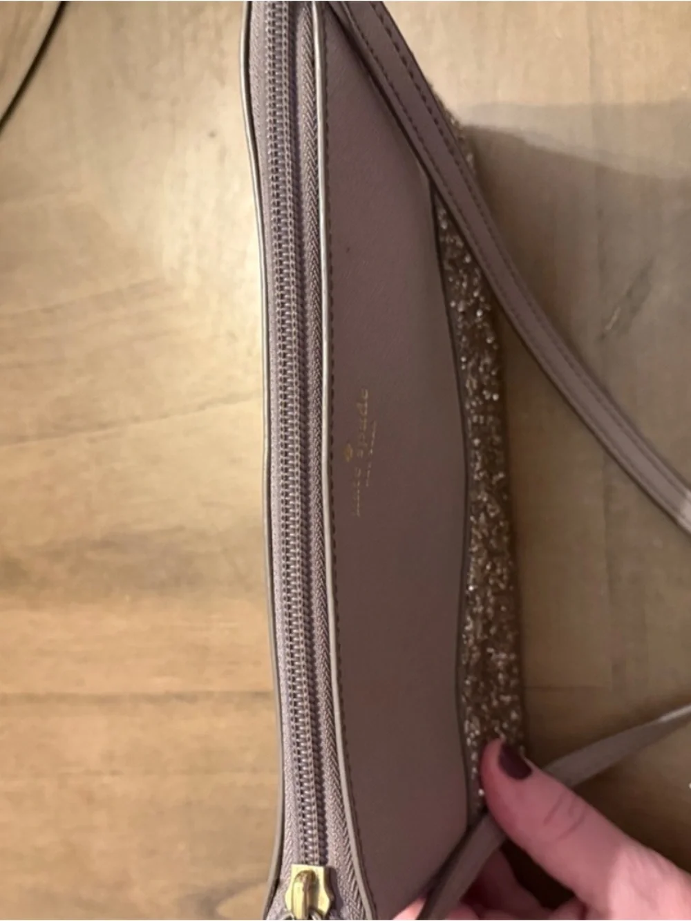 Kate Spade Grey Gold Leather Glitter Crossbody Bag EUC 10”x 6”- 20”handle drop